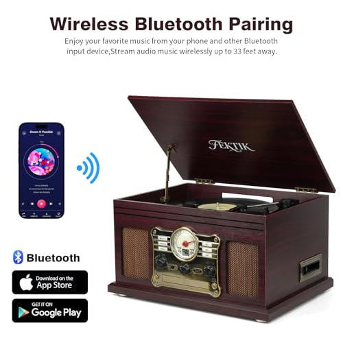 FEKTIK Wood Bluetooth Record Player 10 in 1, 3-Speed Belt-Drive Turntable with Speakers