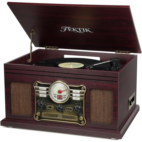 FEKTIK Wood Bluetooth Record Player 10 in 1, 3-Speed Belt-Drive Turntable with Speakers