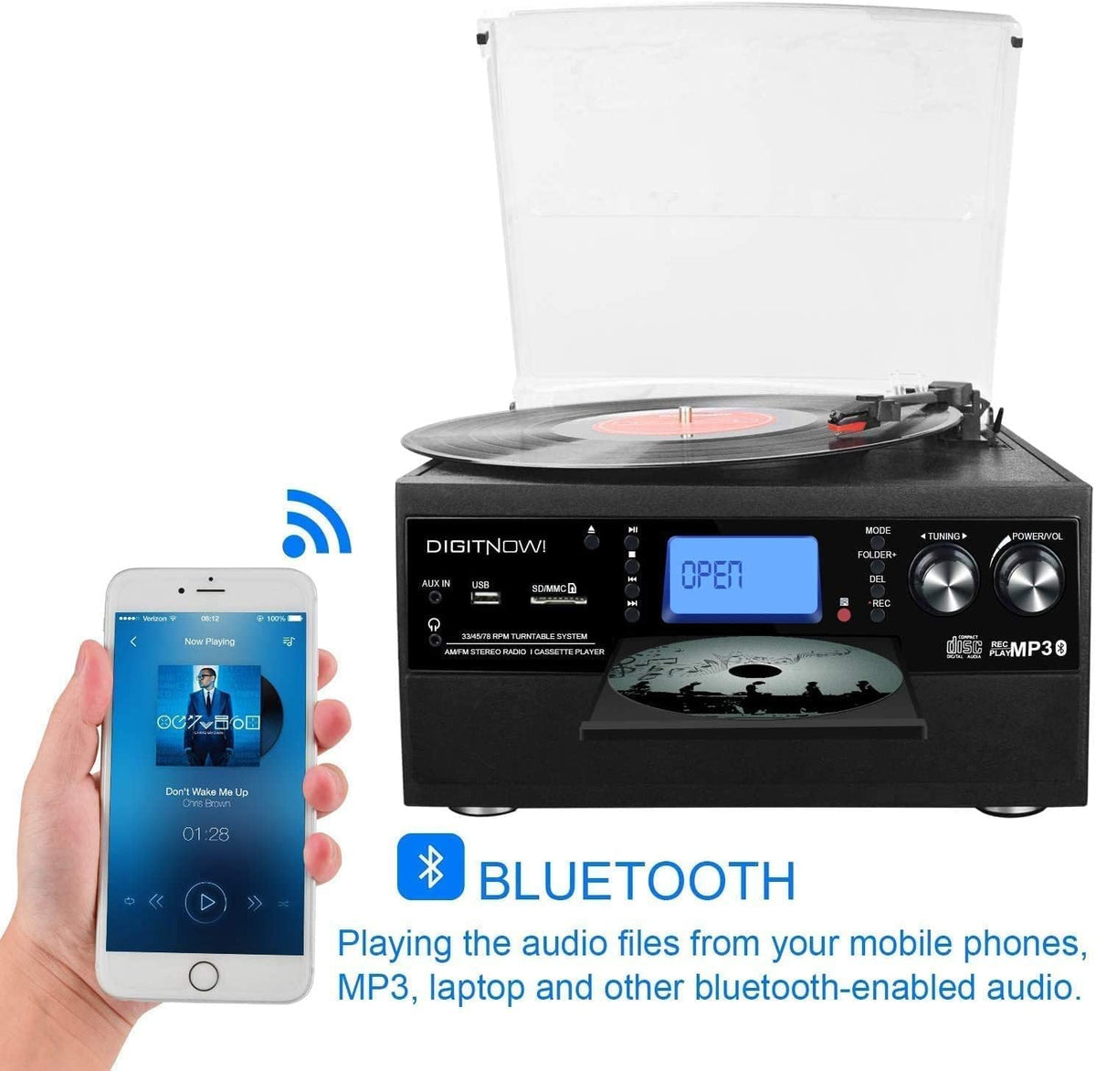 FEKTIK 10-in-1 Bluetooth Turntable with Built-in Speaker Vinyl Record Player CD Cassette and FM Radio Combo