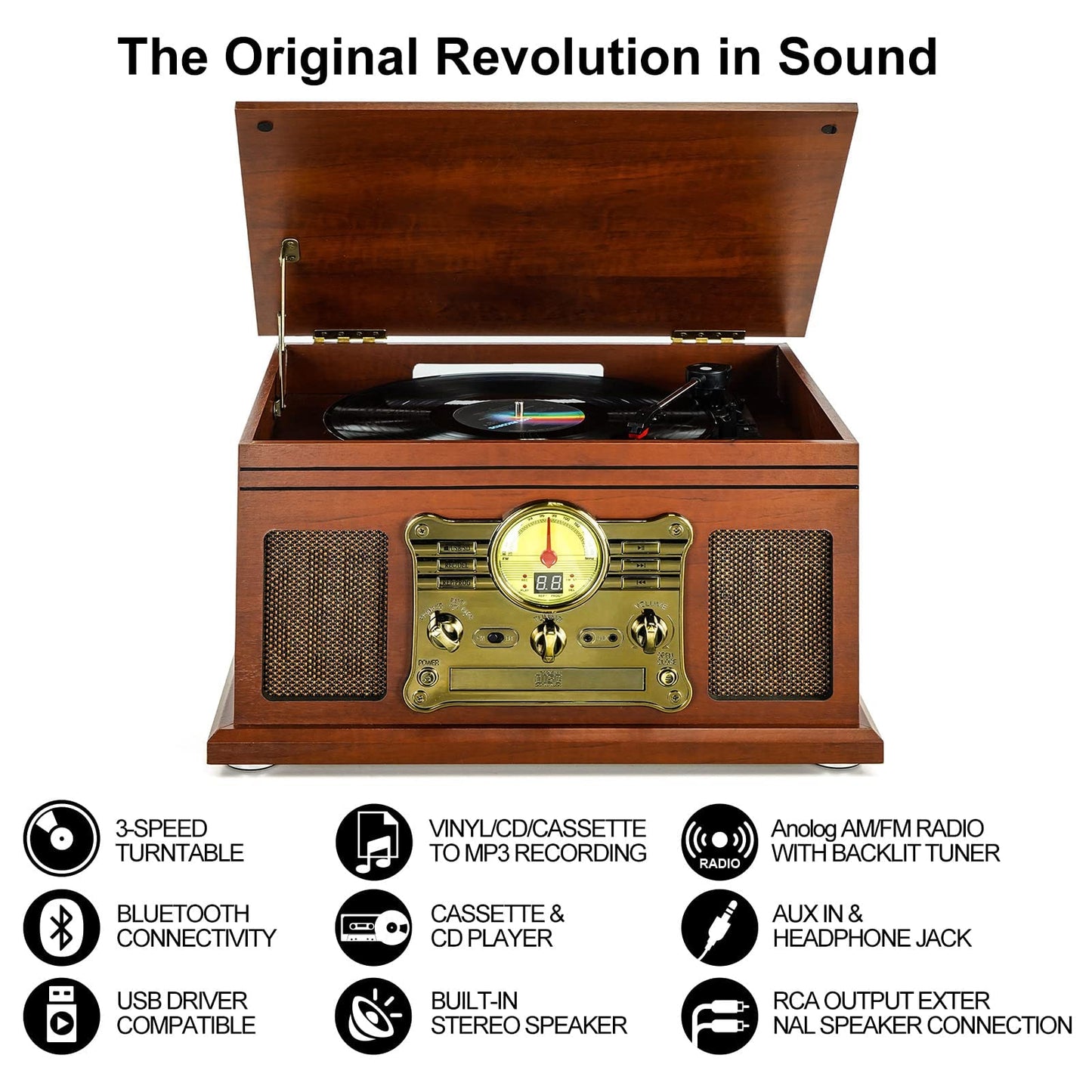 10 in 1 Bluetooth Record Player, 3-Speed Turntable for Vinyl with Speakers, LP to MP3 Converter, CD, Cassette Player, FM Radio