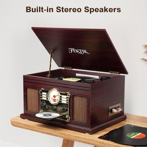 FEKTIK Wood Bluetooth Record Player 10 in 1, 3-Speed Belt-Drive Turntable with Speakers