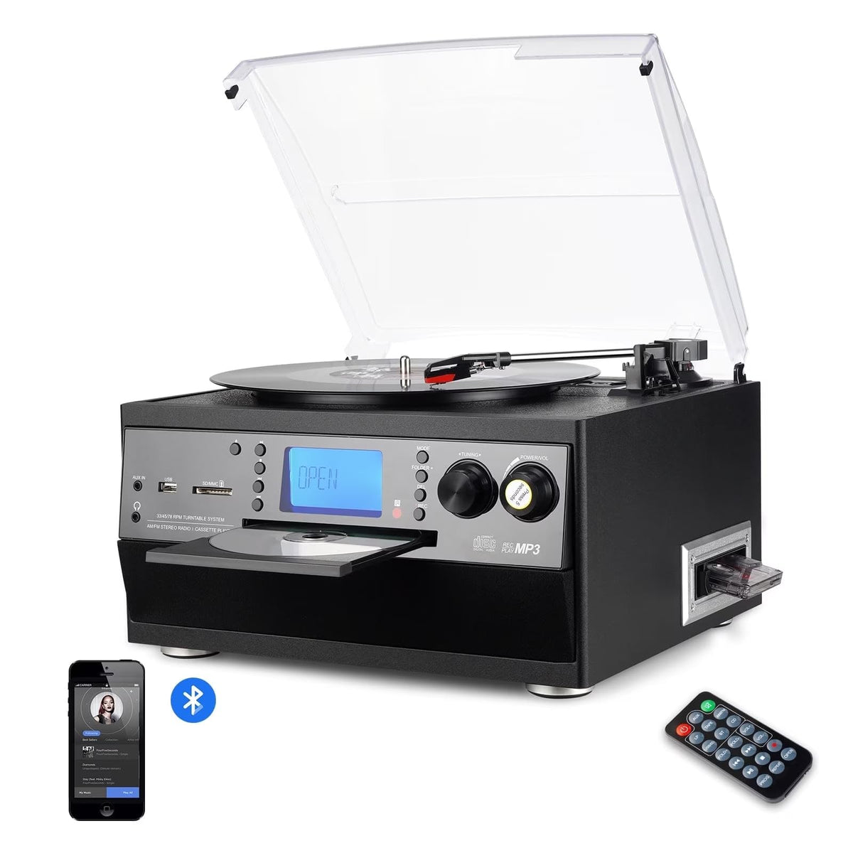 FEKTIK 10-in-1 Bluetooth Turntable with Built-in Speaker Vinyl Record Player CD Cassette and FM Radio Combo