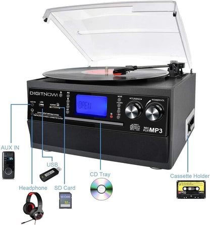 FEKTIK 10-in-1 Bluetooth Turntable with Built-in Speaker Vinyl Record Player CD Cassette and FM Radio Combo