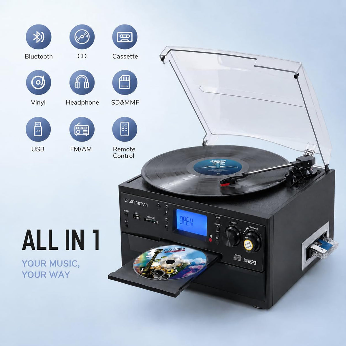 FEKTIK 10-in-1 Bluetooth Turntable with Built-in Speaker Vinyl Record Player CD Cassette and FM Radio Combo