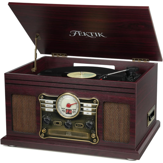 FEKTIK Wood Bluetooth Record Player 10 in 1, 3-Speed Belt-Drive Turntable with Speakers