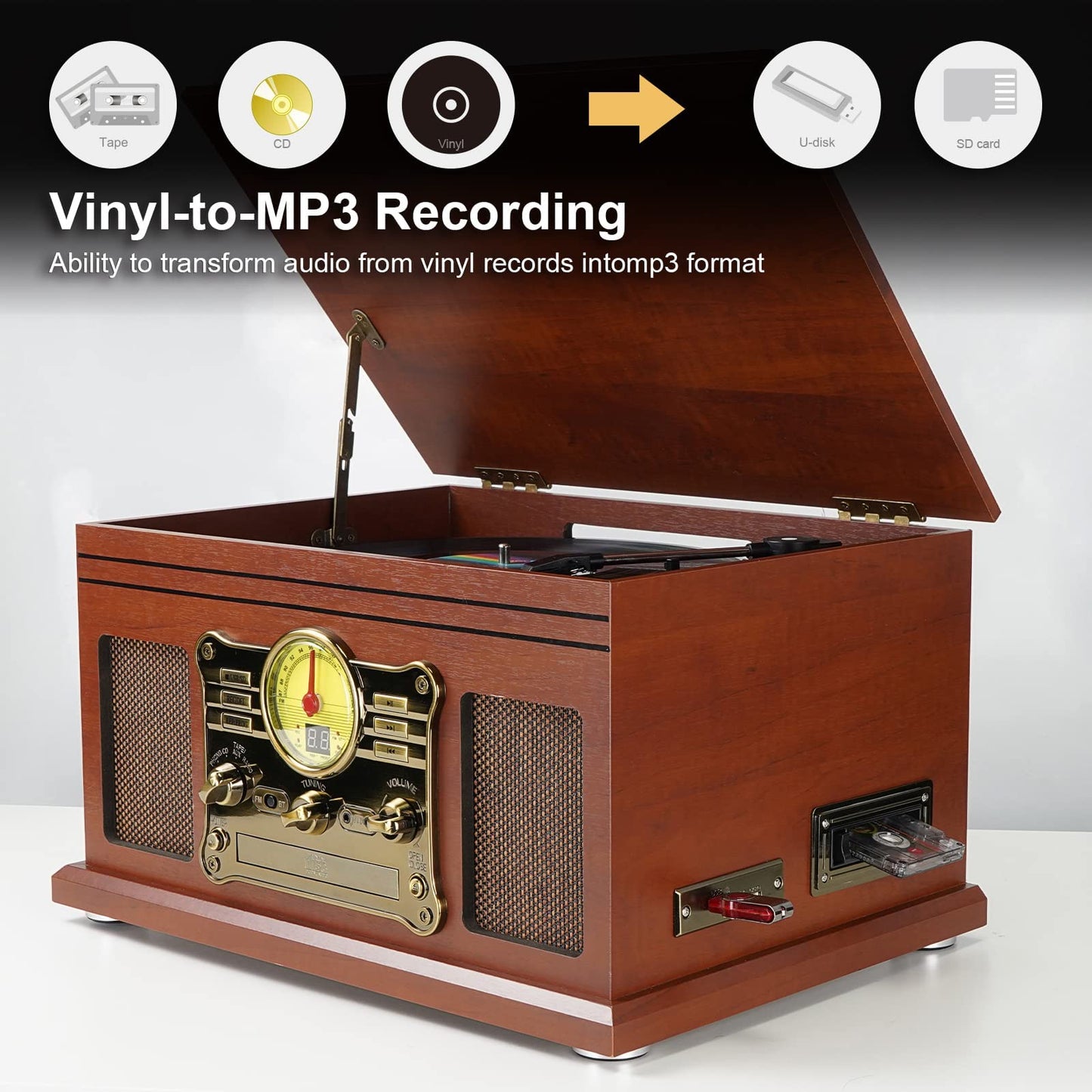 10 in 1 Bluetooth Record Player, 3-Speed Turntable for Vinyl with Speakers, LP to MP3 Converter, CD, Cassette Player, FM Radio