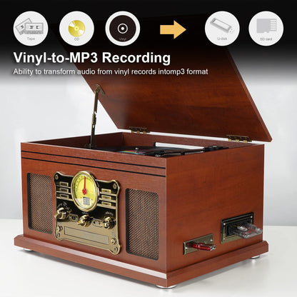 10 in 1 Bluetooth Record Player, 3-Speed Turntable for Vinyl with Speakers, LP to MP3 Converter, CD, Cassette Player, FM Radio
