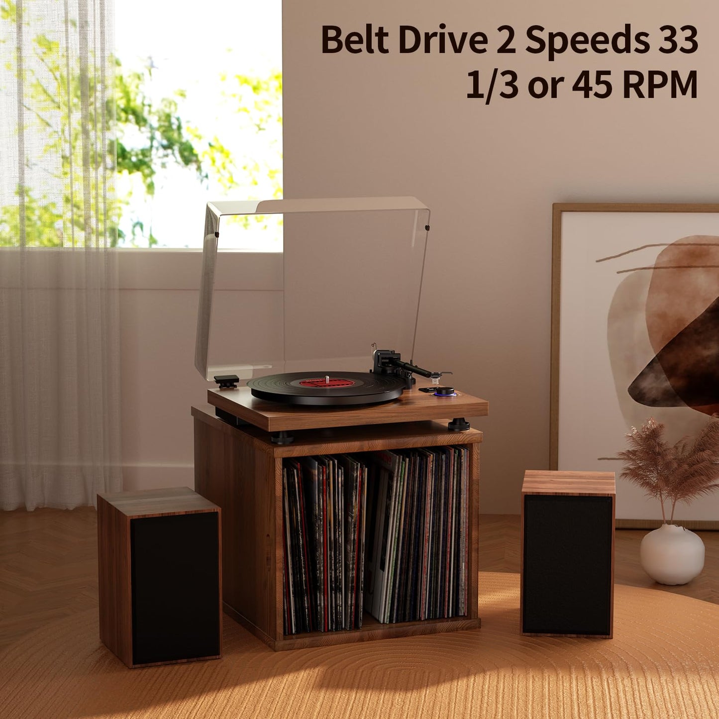 Wooden Bluetooth Turntable HiFi System with 36 Watt Bookshelf Speakers
