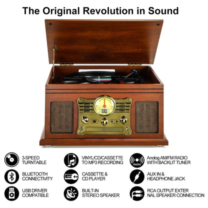 10 in 1 Bluetooth Record Player, 3-Speed Turntable for Vinyl with Speakers, LP to MP3 Converter, CD, Cassette Player, FM Radio