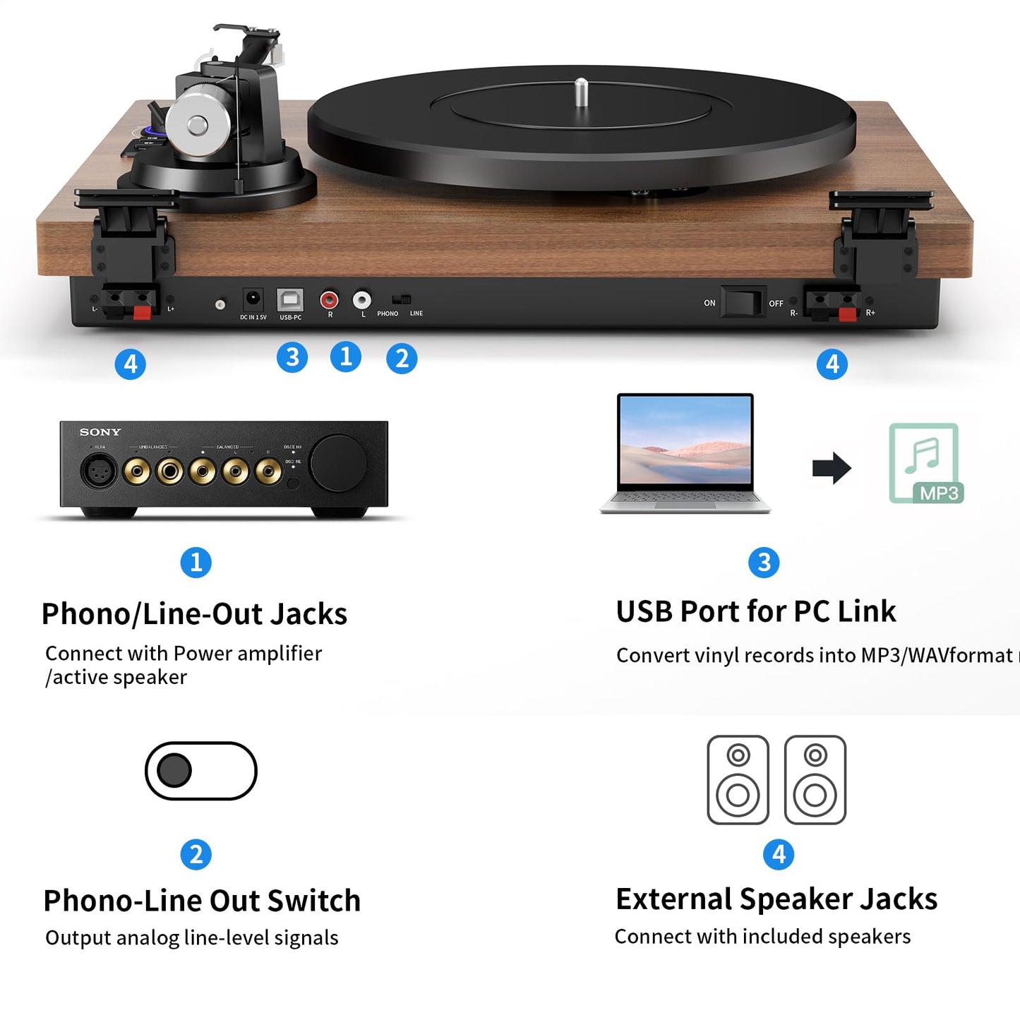 Wooden Bluetooth Turntable HiFi System with 36 Watt Bookshelf Speakers