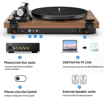 Wooden Bluetooth Turntable HiFi System with 36 Watt Bookshelf Speakers