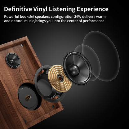 Wooden Bluetooth Turntable HiFi System with 36 Watt Bookshelf Speakers
