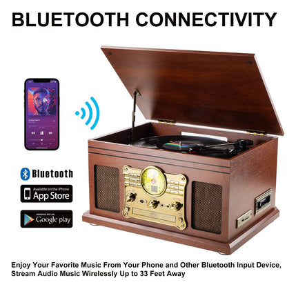 10 in 1 Bluetooth Record Player, 3-Speed Turntable for Vinyl with Speakers, LP to MP3 Converter, CD, Cassette Player, FM Radio