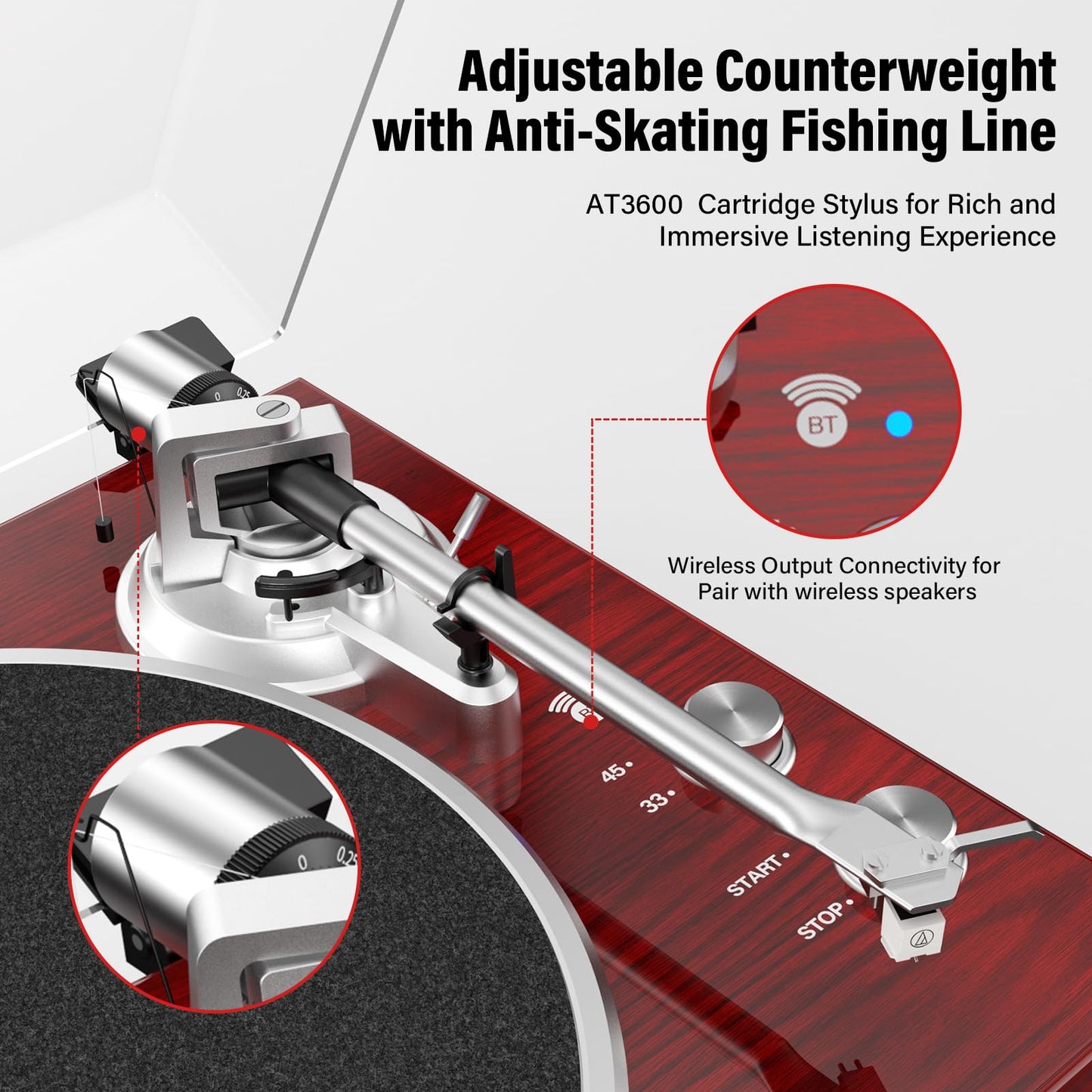 Vinyl Record Player Belt-Drive Turntable for Vinyl Records with Bluetooth Connectivity