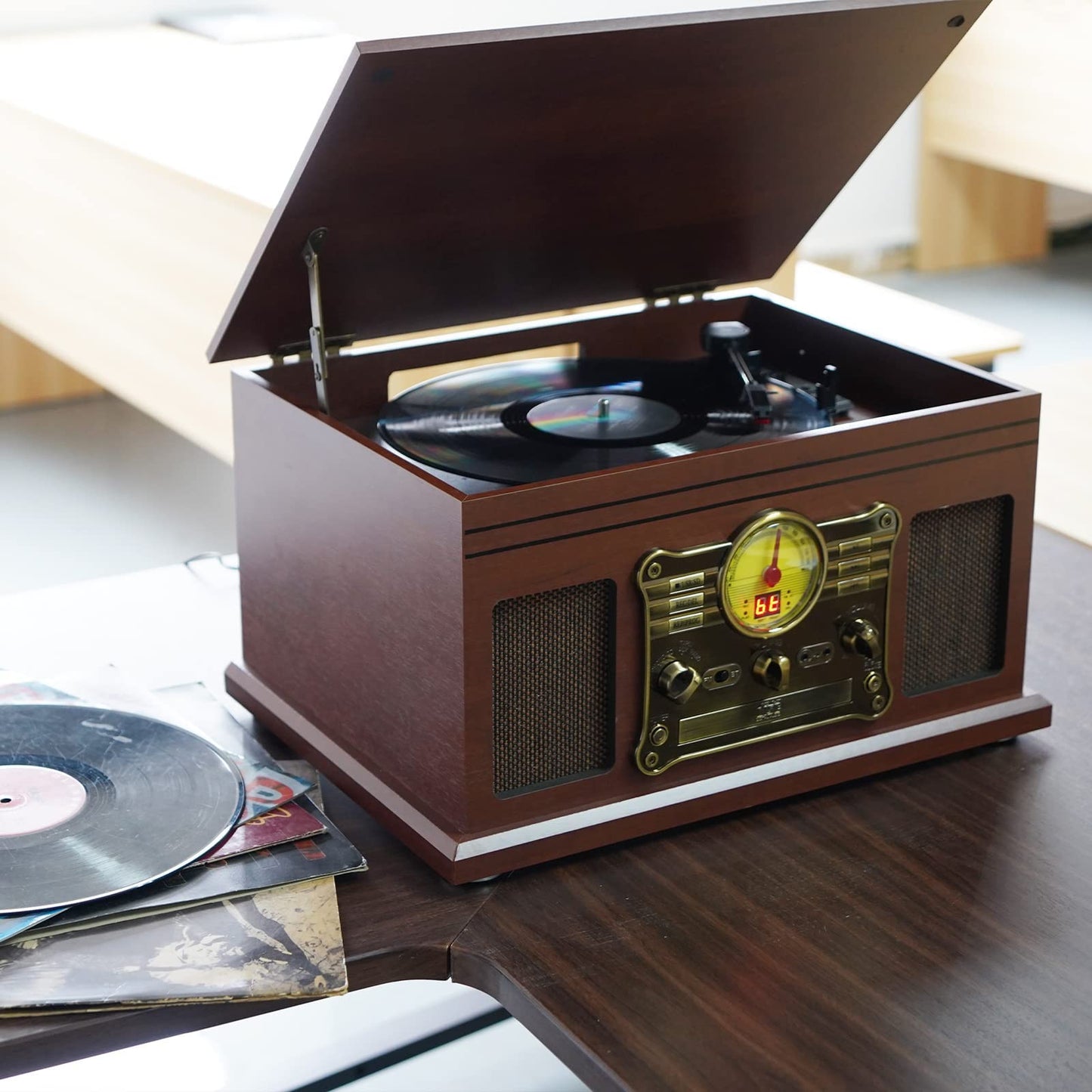 10 in 1 Bluetooth Record Player, 3-Speed Turntable for Vinyl with Speakers, LP to MP3 Converter, CD, Cassette Player, FM Radio