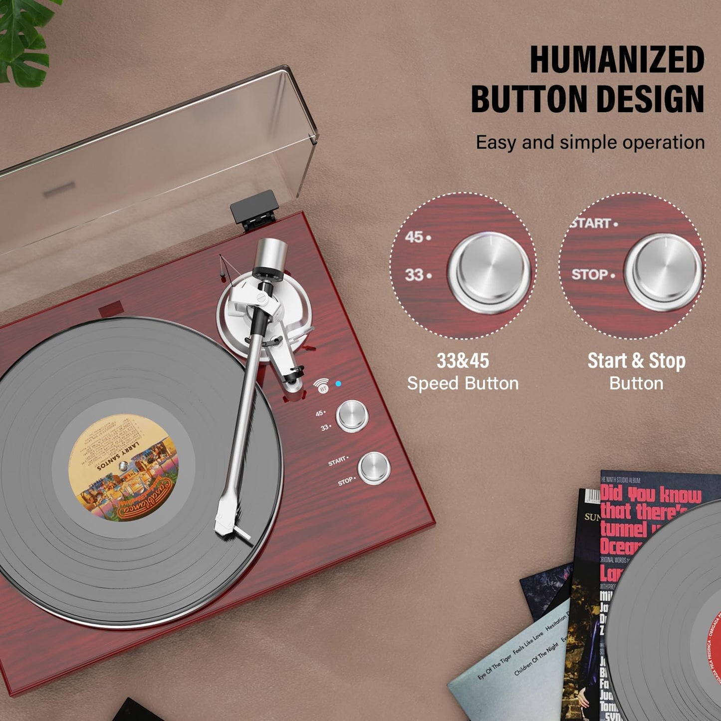 Vinyl Record Player Belt-Drive Turntable for Vinyl Records with Bluetooth Connectivity
