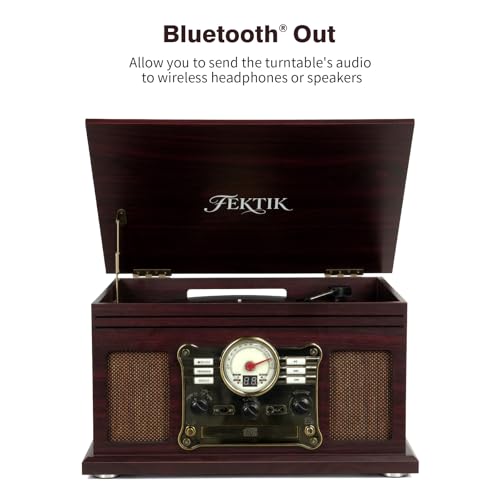 FEKTIK Wood Bluetooth Record Player 10 in 1, 3-Speed Belt-Drive Turntable with Speakers