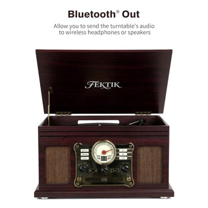 FEKTIK Wood Bluetooth Record Player 10 in 1, 3-Speed Belt-Drive Turntable with Speakers