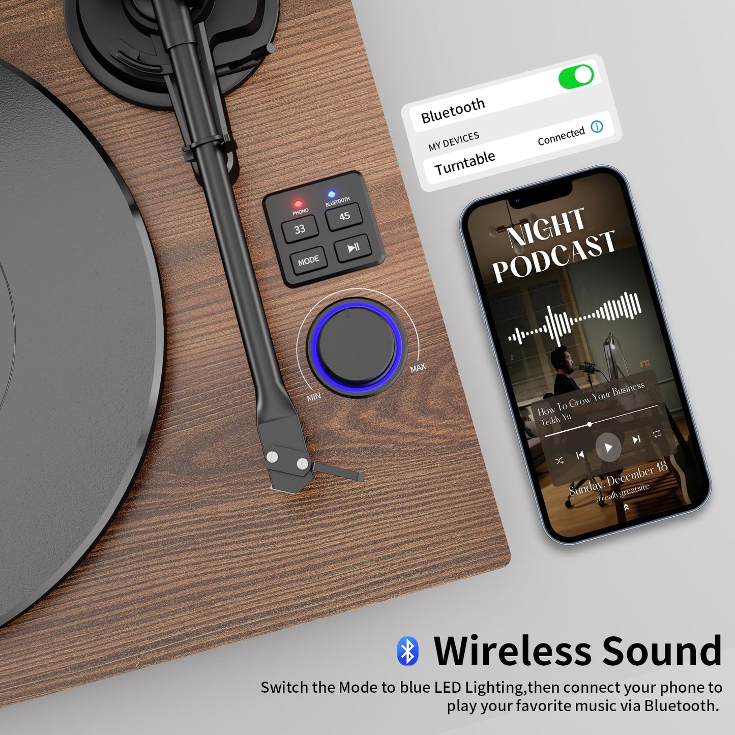 Wooden Bluetooth Turntable HiFi System with 36 Watt Bookshelf Speakers