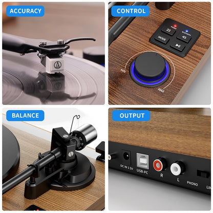 Wooden Bluetooth Turntable HiFi System with 36 Watt Bookshelf Speakers