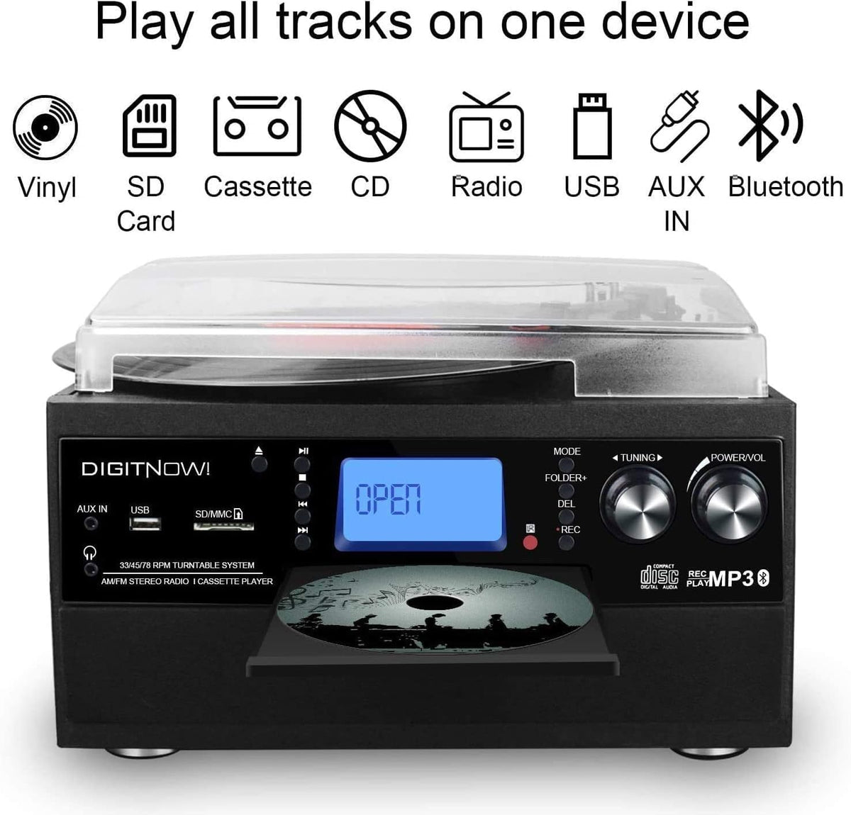 FEKTIK 10-in-1 Bluetooth Turntable with Built-in Speaker Vinyl Record Player CD Cassette and FM Radio Combo