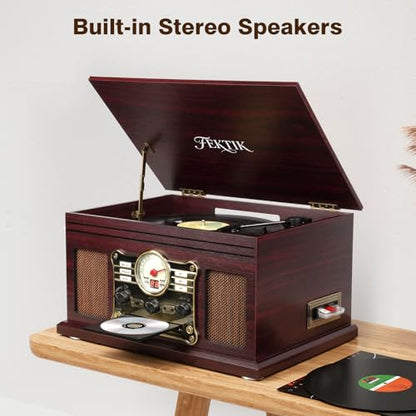 FEKTIK Wood Bluetooth Record Player 10 in 1, 3-Speed Belt-Drive Turntable with Speakers