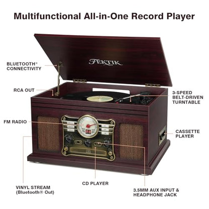 FEKTIK Wood Bluetooth Record Player 10 in 1, 3-Speed Belt-Drive Turntable with Speakers